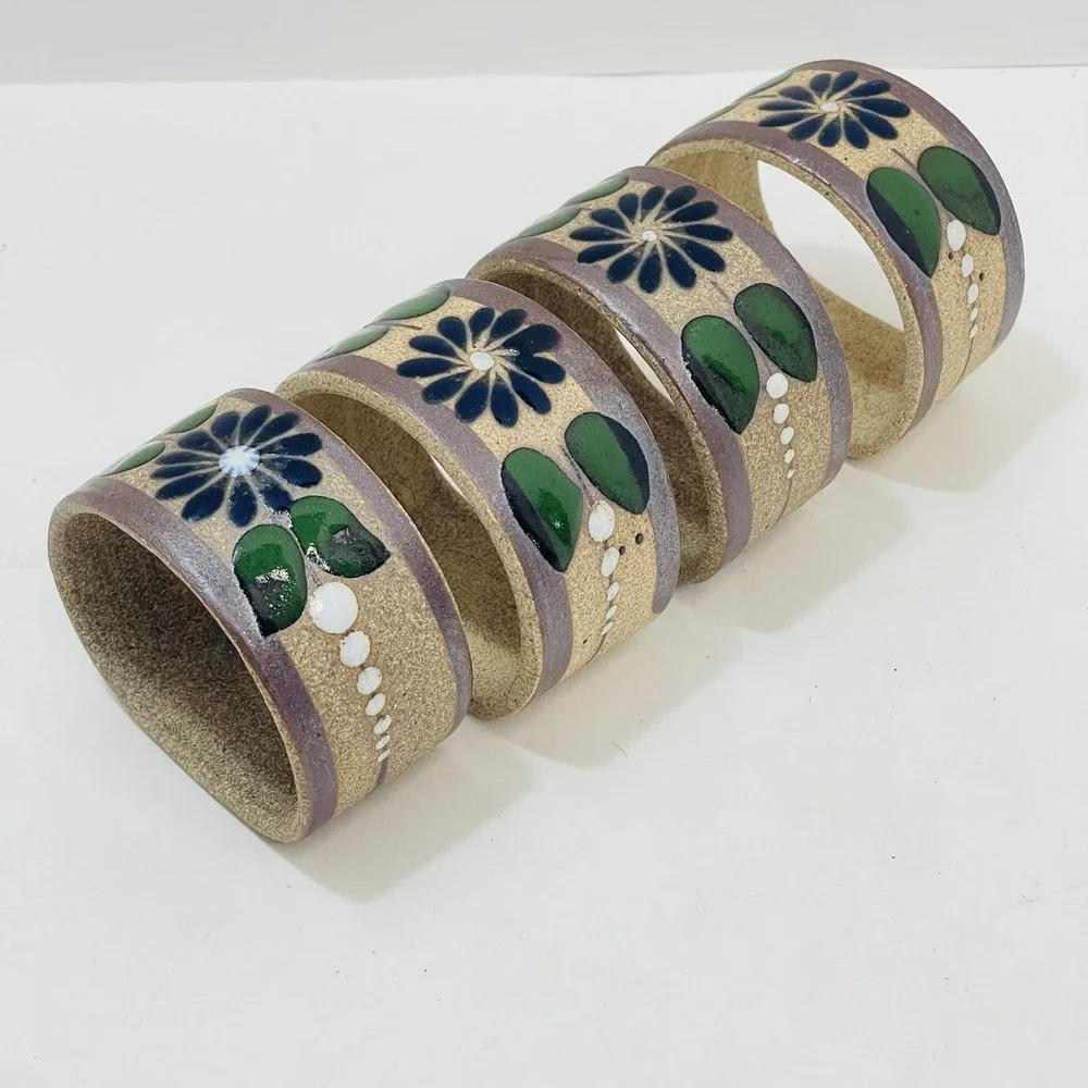 Mexican Tonala Pottery Napkin Rings Flower Rust Green Leaves  - Set‎ of 4